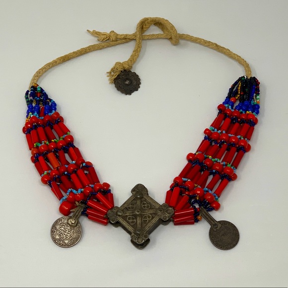 Antique Moroccan Berber Coral and Bead Choker Necklace - Picture 2 of 6